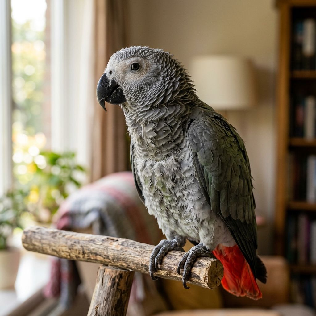 Small parrot with ruffled feathers indoors