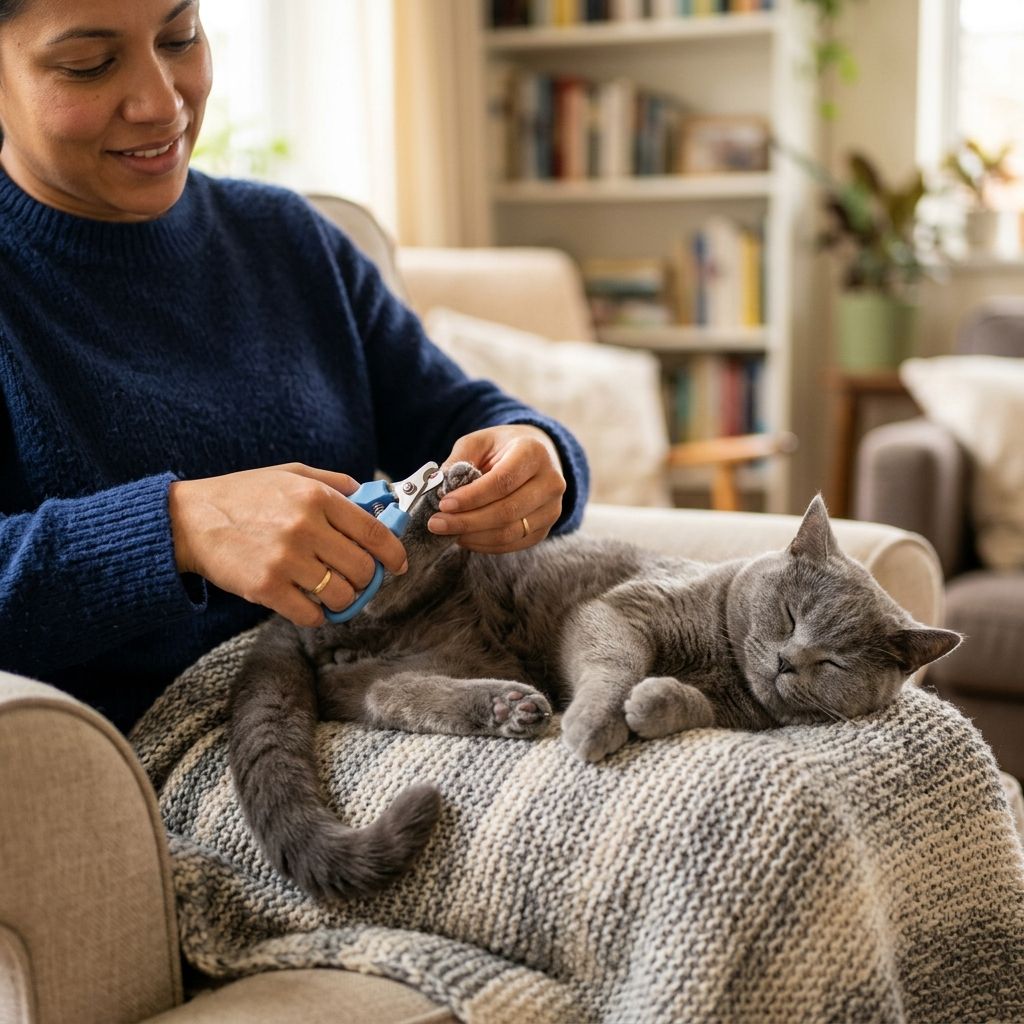 Person calmly trimming a cat's nails at home