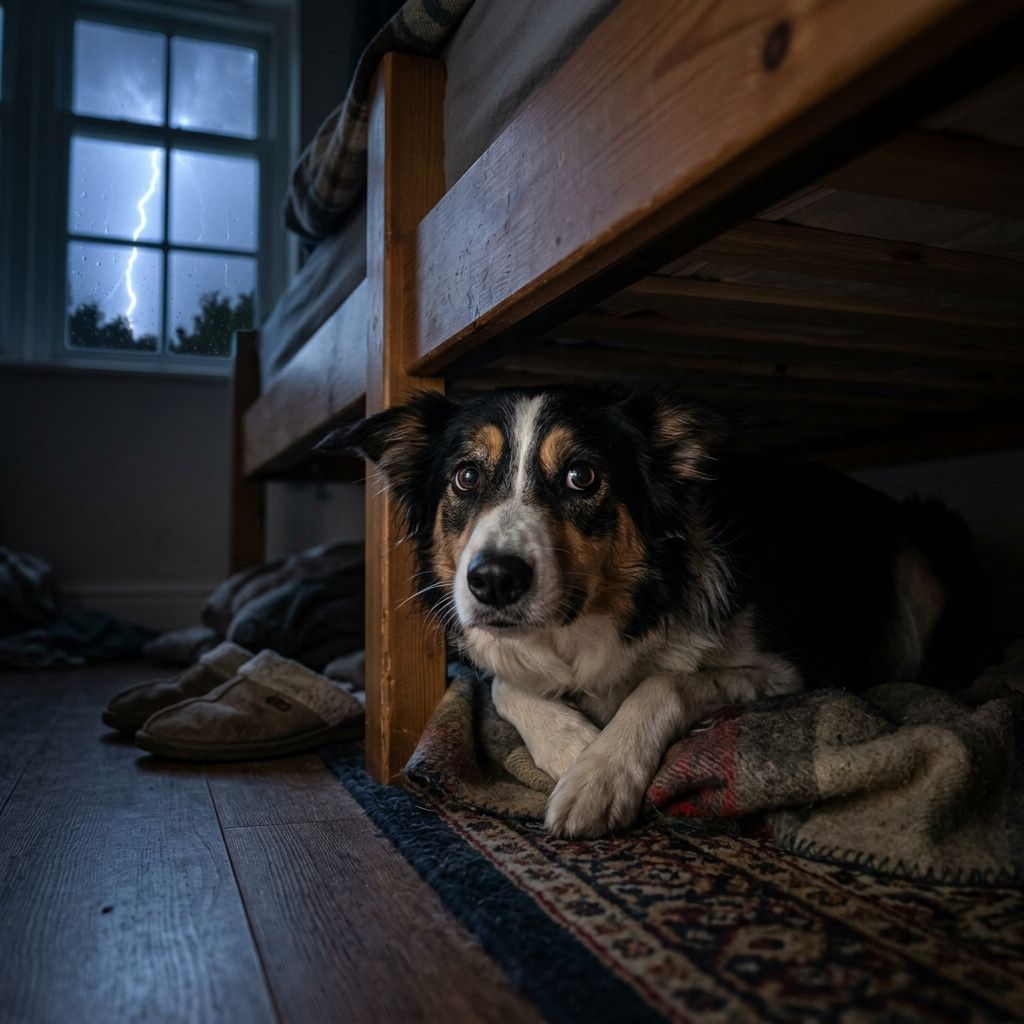 Nervous dog hiding under a bed during a thunderstorm