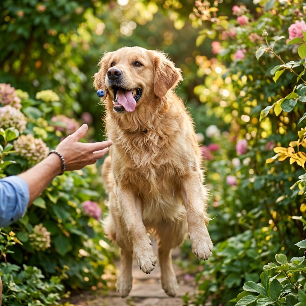 Golden retriever eating blueberries from owner's hand
