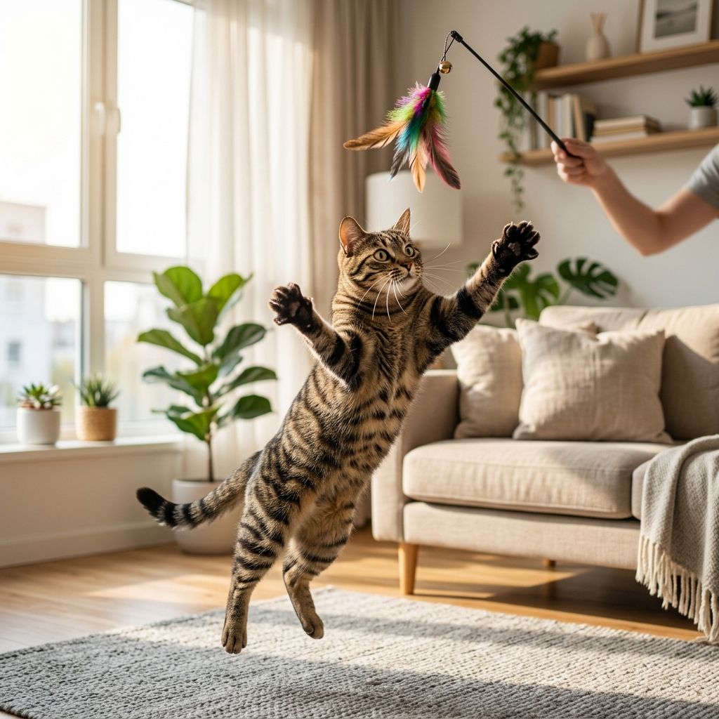 Tabby cat playing with a feather wand toy