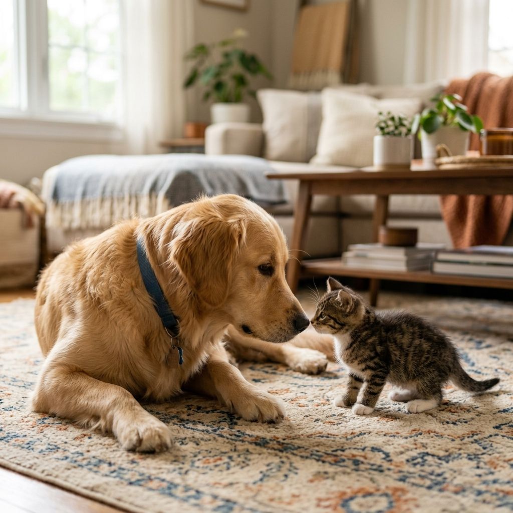 Family introducing a new puppy to their resident dog