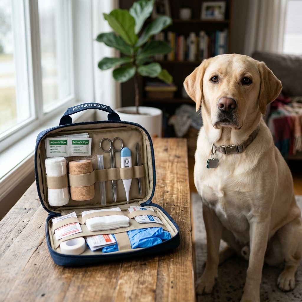 Pet first aid kit supplies laid out on a table