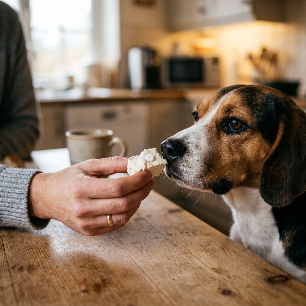 Person giving a dog a pill hidden in cheese