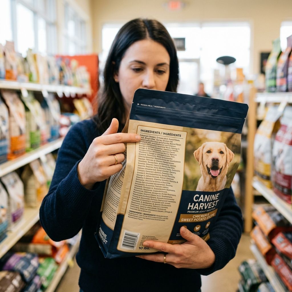 Person reading a pet food label at the grocery store