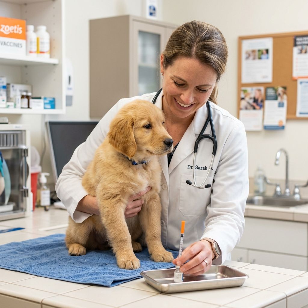 Vet examining a puppy on a checkup table