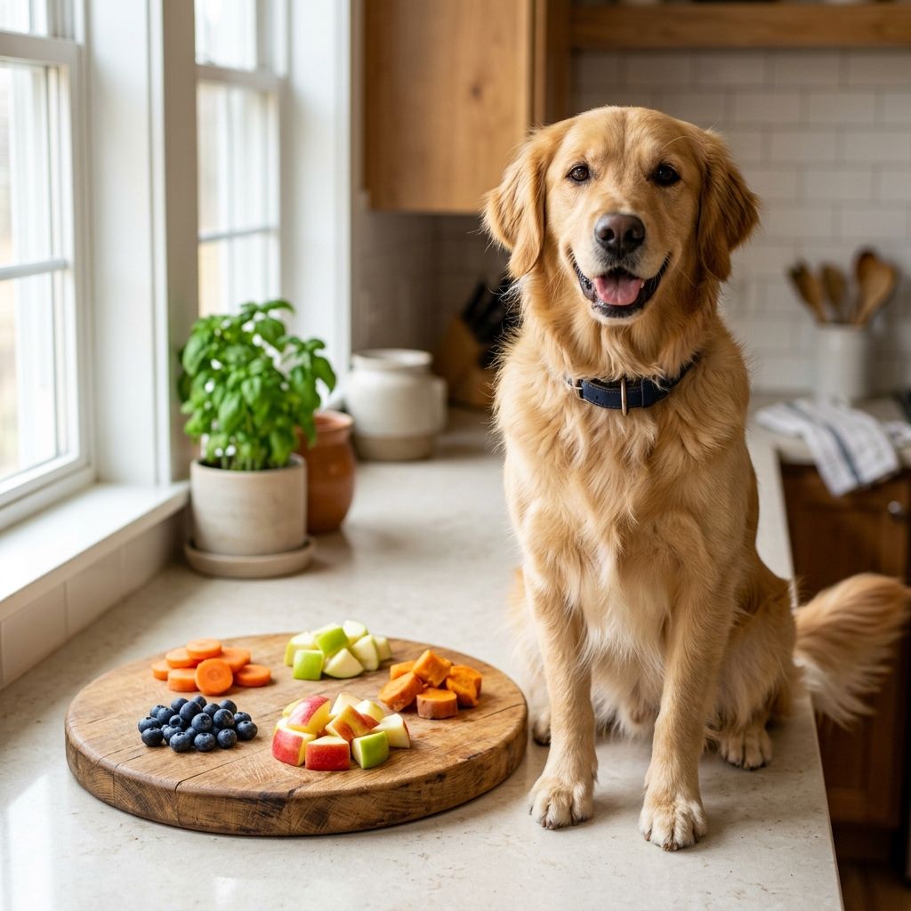 Safe human foods for dogs on a cutting board