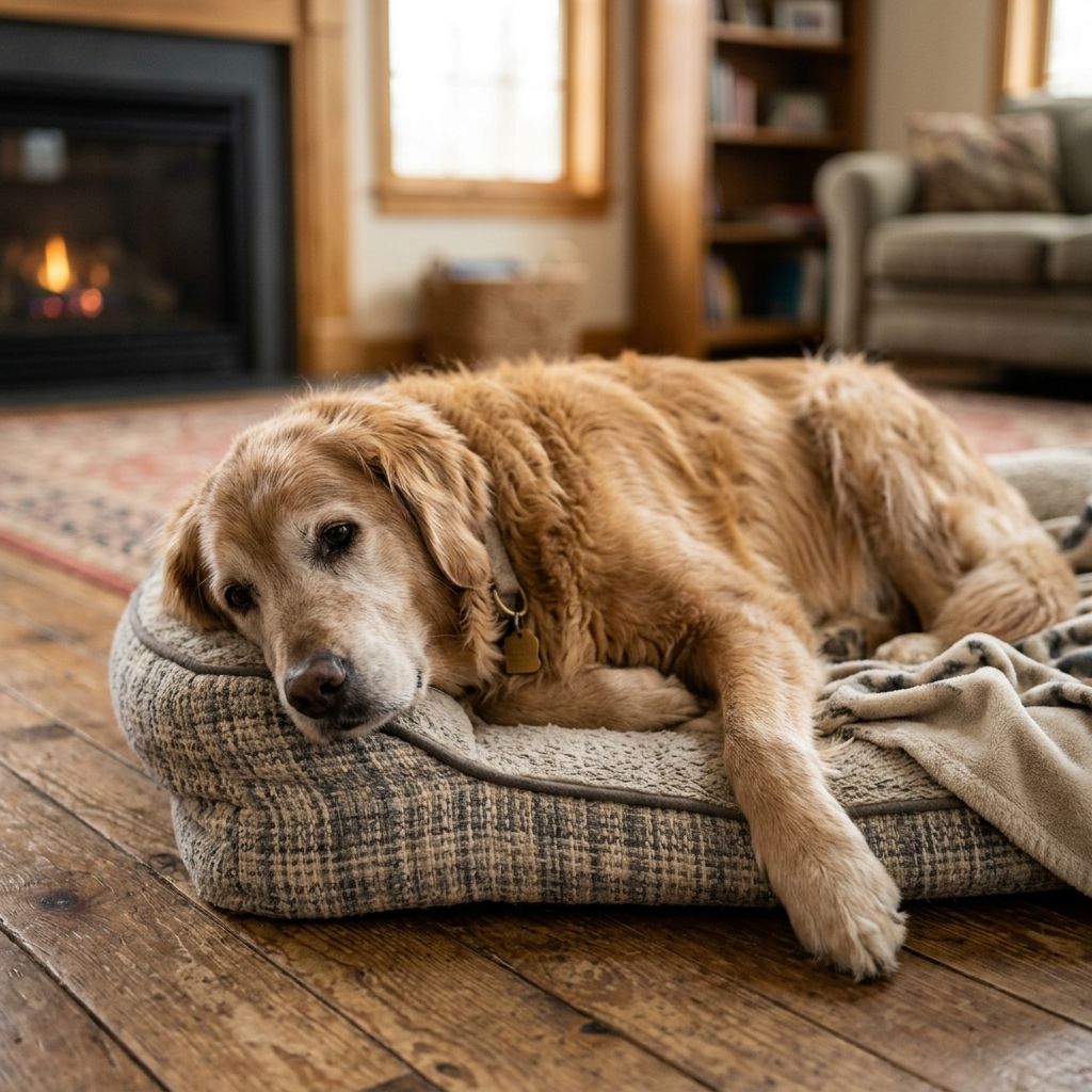 Senior golden retriever resting on a dog bed